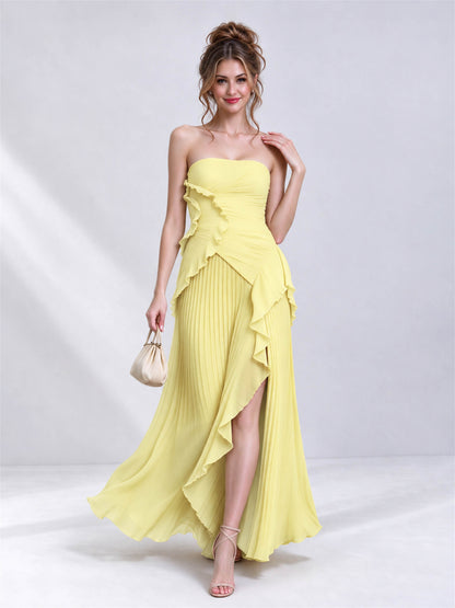 Strapless A-Line Chiffon Ruffle Pleated Sleeveless Wedding Guest Dress with Split Side
