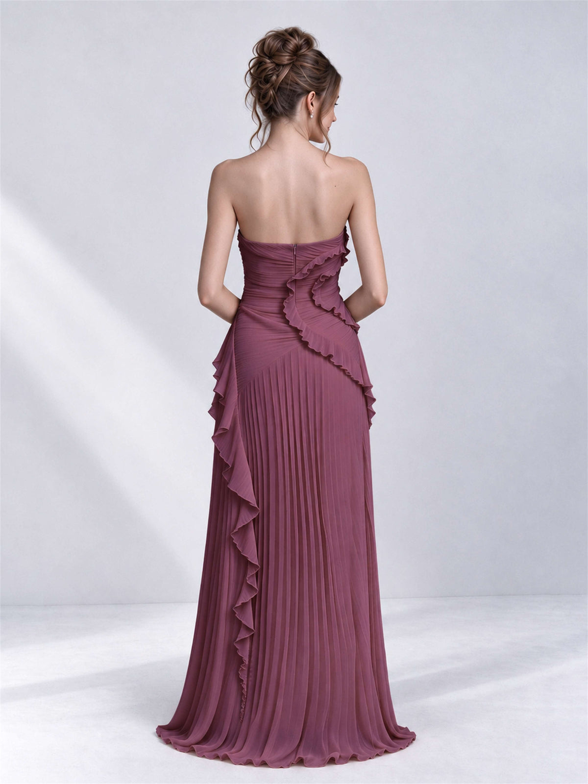 Strapless A-Line Chiffon Ruffle Pleated Sleeveless Wedding Guest Dress with Split Side