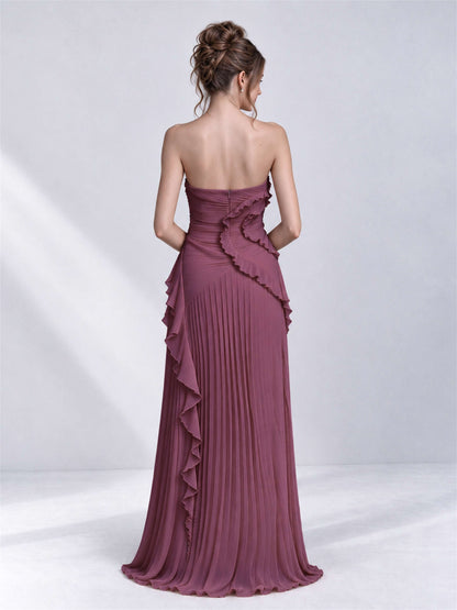 Strapless A-Line Chiffon Ruffle Pleated Sleeveless Wedding Guest Dress with Split Side