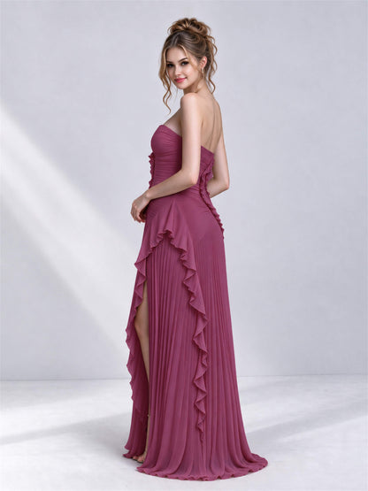 Strapless A-Line Chiffon Ruffle Pleated Sleeveless Wedding Guest Dress with Split Side