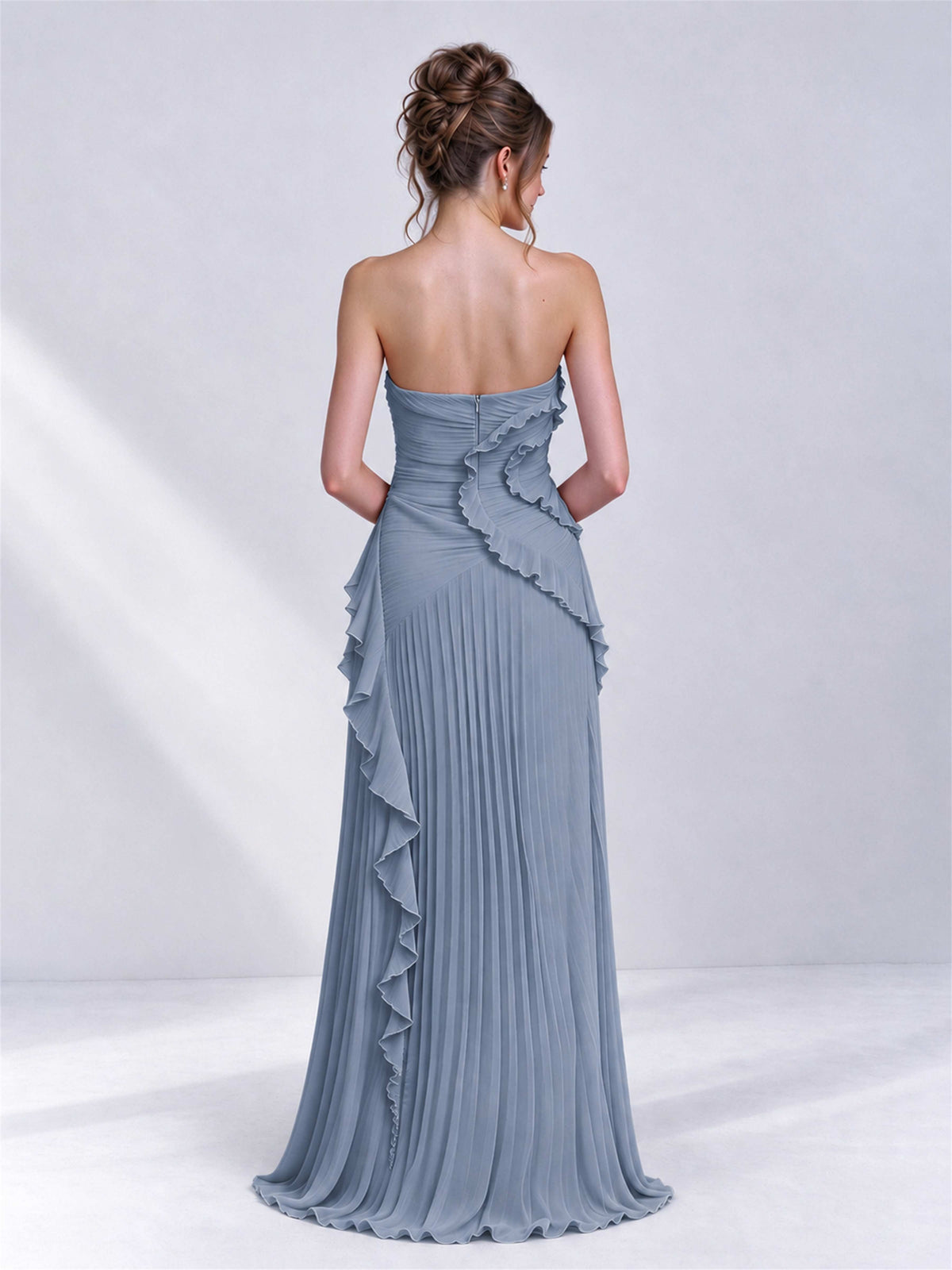 Strapless A-Line Chiffon Ruffle Pleated Sleeveless Wedding Guest Dress with Split Side