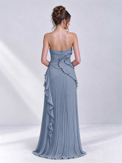 Strapless A-Line Chiffon Ruffle Pleated Sleeveless Wedding Guest Dress with Split Side