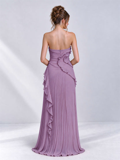 Strapless A-Line Chiffon Ruffle Pleated Sleeveless Wedding Guest Dress with Split Side