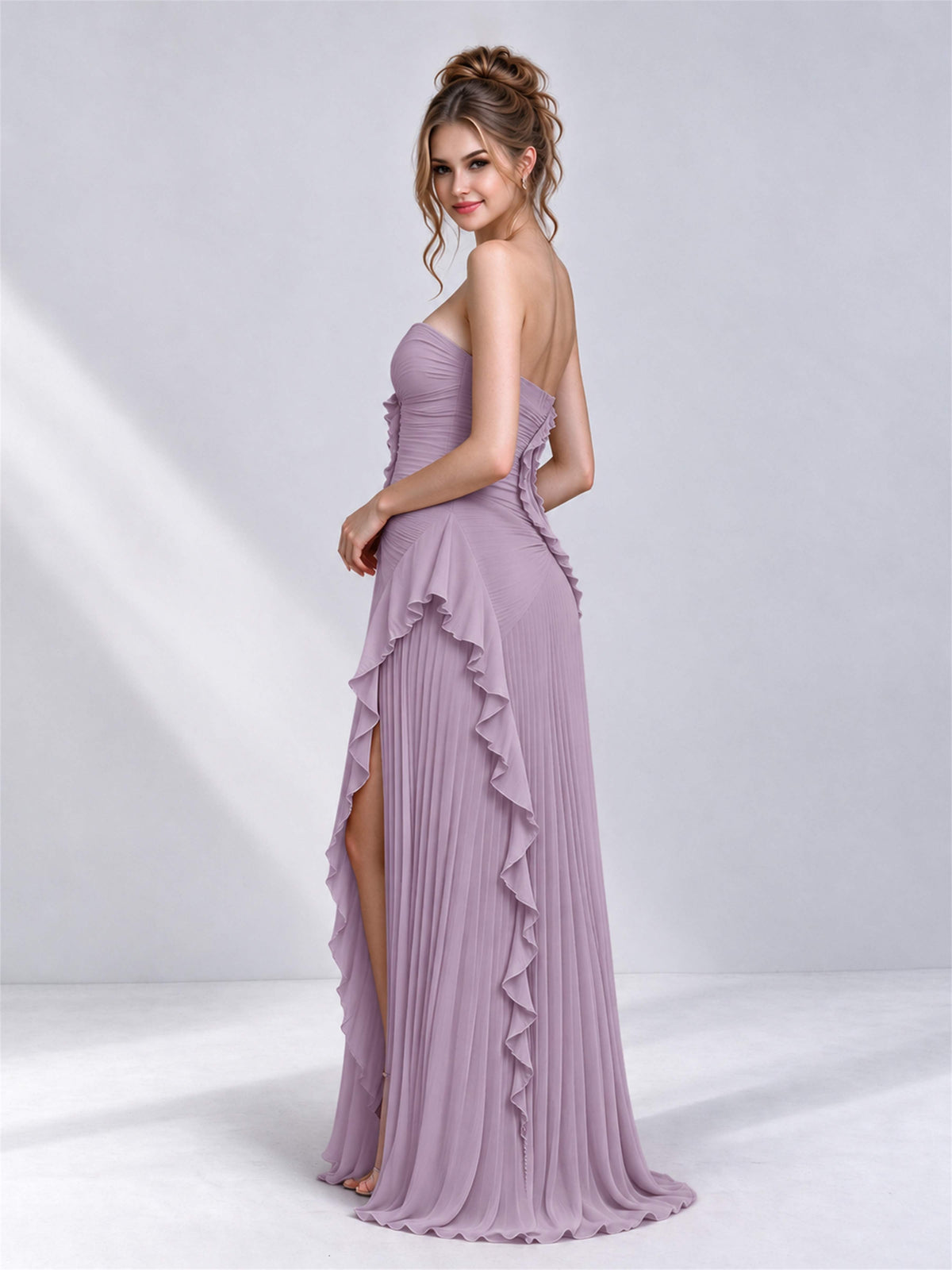 Strapless A-Line Chiffon Ruffle Pleated Sleeveless Wedding Guest Dress with Split Side