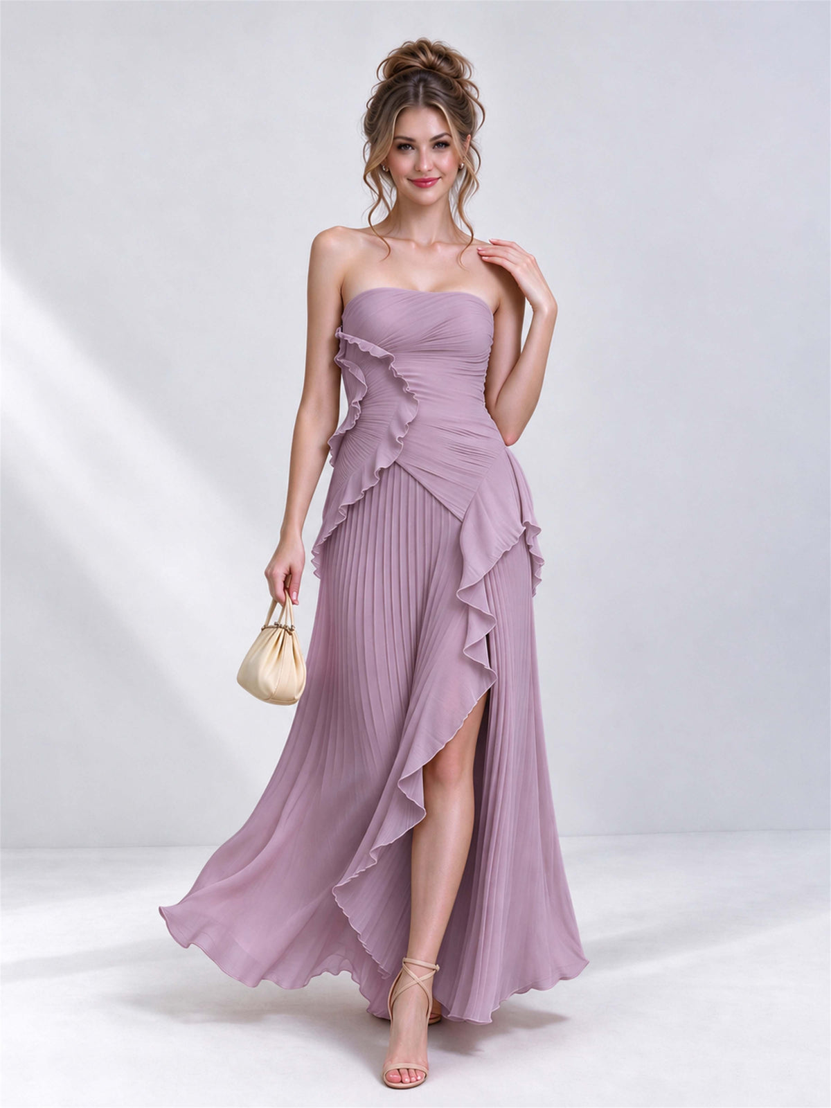Strapless A-Line Chiffon Ruffle Pleated Sleeveless Wedding Guest Dress with Split Side
