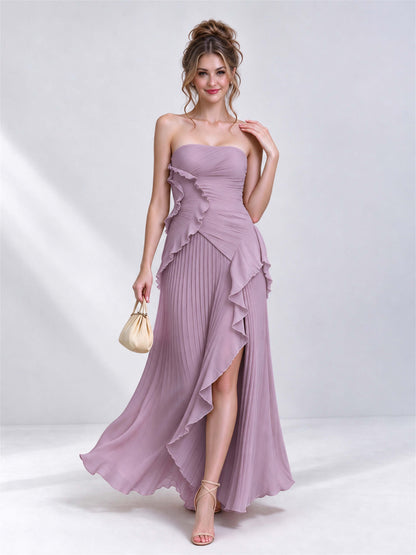 Strapless A-Line Chiffon Ruffle Pleated Sleeveless Wedding Guest Dress with Split Side