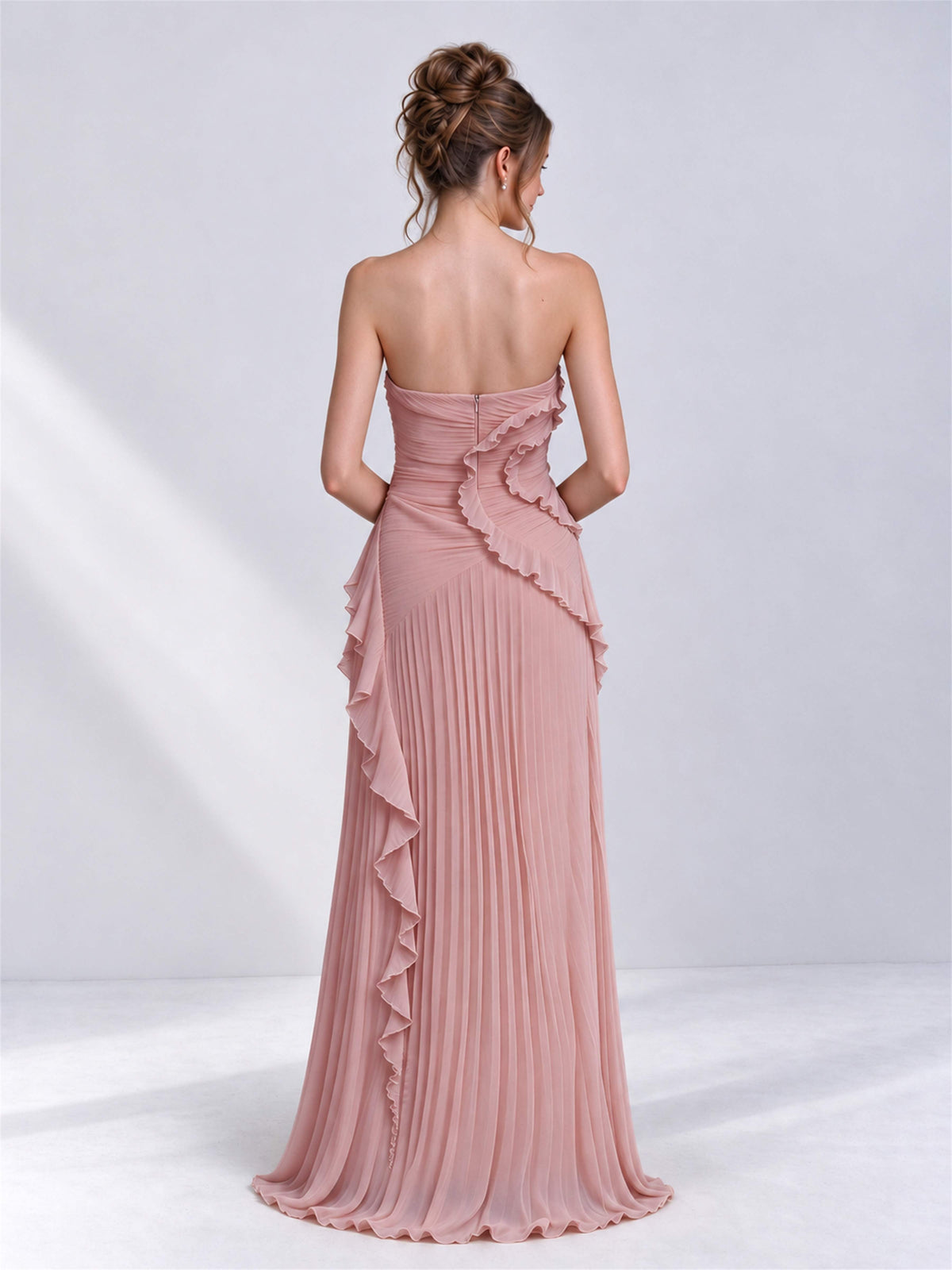 Strapless A-Line Chiffon Ruffle Pleated Sleeveless Wedding Guest Dress with Split Side