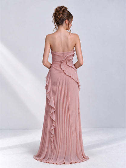 Strapless A-Line Chiffon Ruffle Pleated Sleeveless Wedding Guest Dress with Split Side