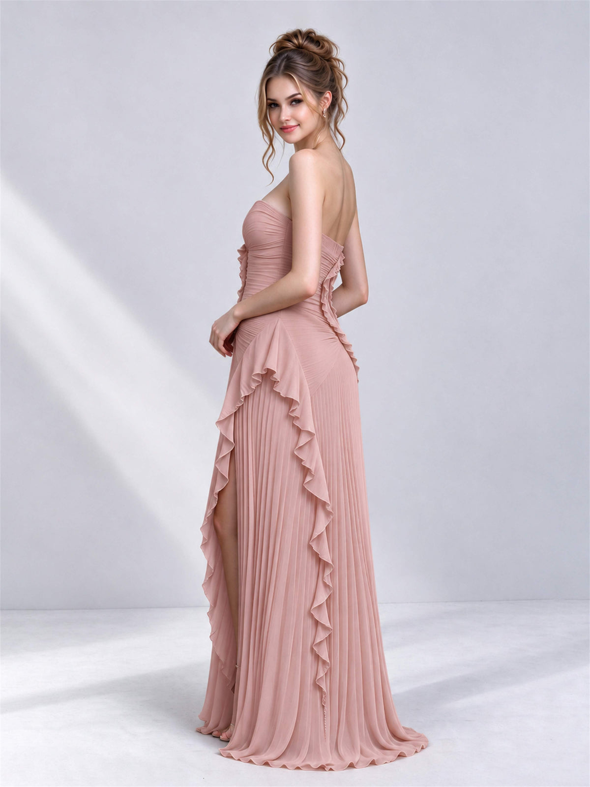 Strapless A-Line Chiffon Ruffle Pleated Sleeveless Wedding Guest Dress with Split Side