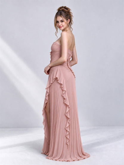 Strapless A-Line Chiffon Ruffle Pleated Sleeveless Wedding Guest Dress with Split Side