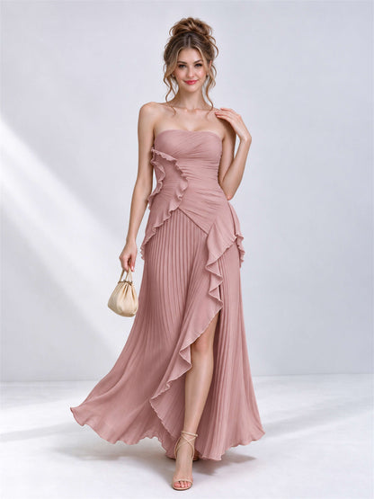 Strapless A-Line Chiffon Ruffle Pleated Sleeveless Wedding Guest Dress with Split Side