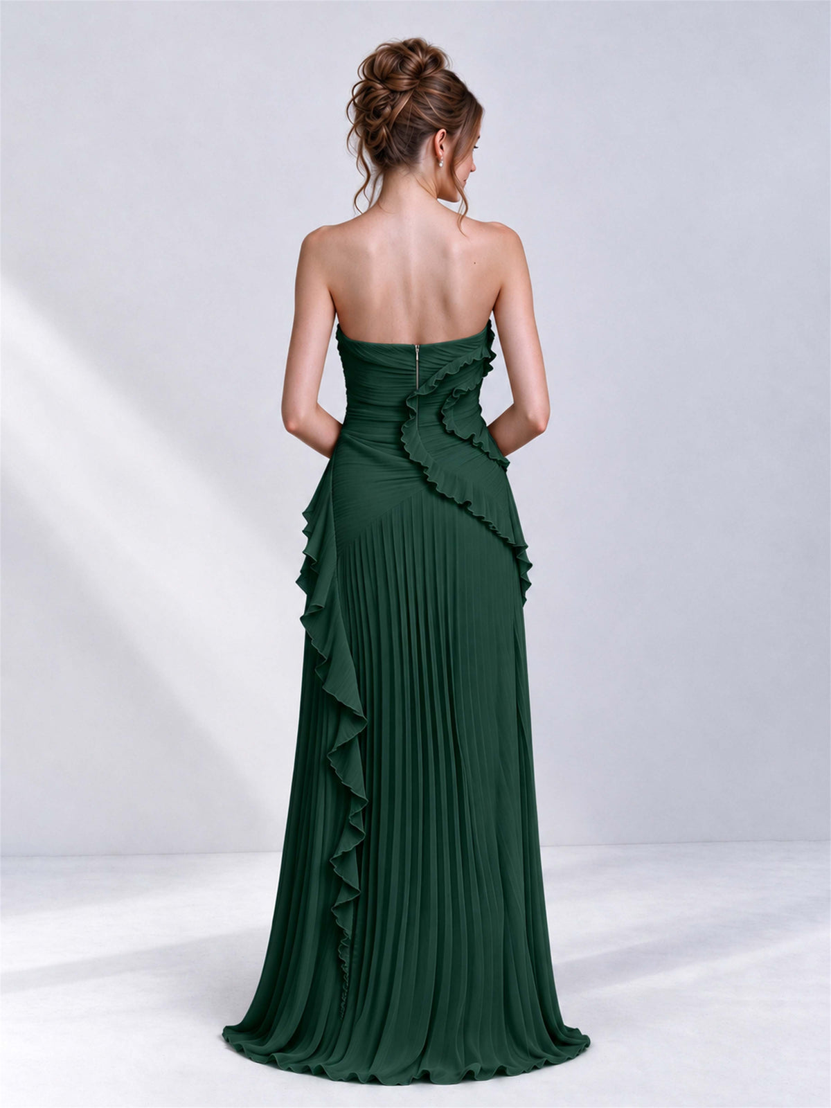 Strapless A-Line Chiffon Ruffle Pleated Sleeveless Wedding Guest Dress with Split Side