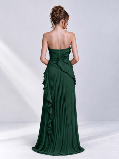 Strapless A-Line Chiffon Ruffle Pleated Sleeveless Wedding Guest Dress with Split Side