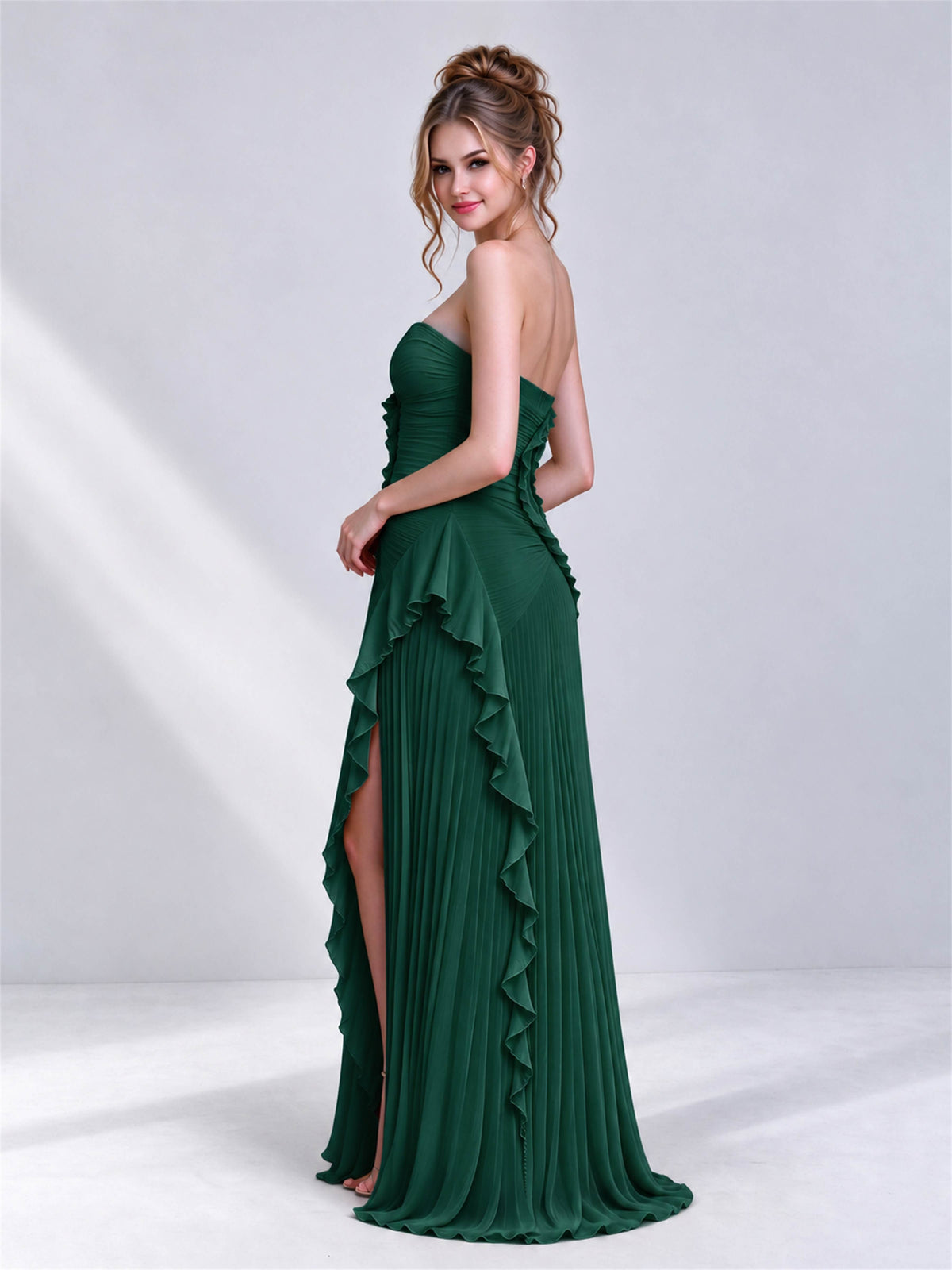 Strapless A-Line Chiffon Ruffle Pleated Sleeveless Wedding Guest Dress with Split Side