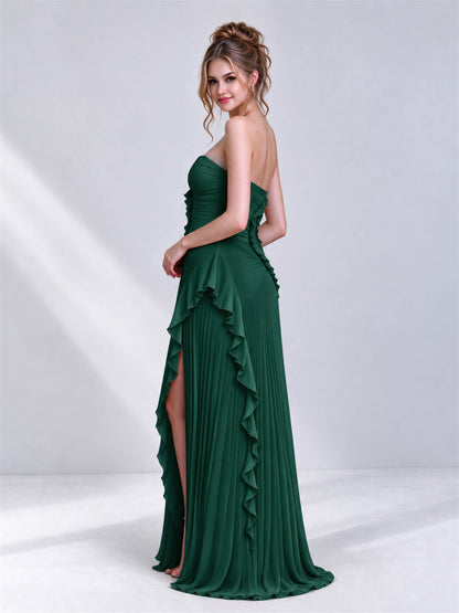 Strapless A-Line Chiffon Ruffle Pleated Sleeveless Wedding Guest Dress with Split Side