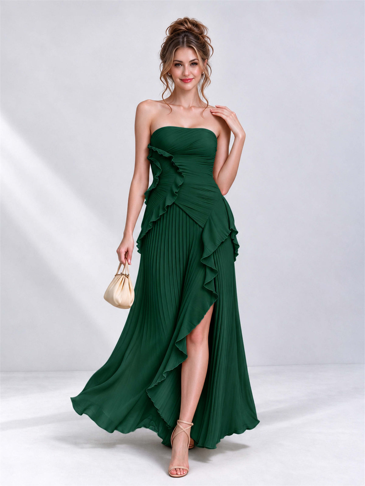 Strapless A-Line Chiffon Ruffle Pleated Sleeveless Wedding Guest Dress with Split Side