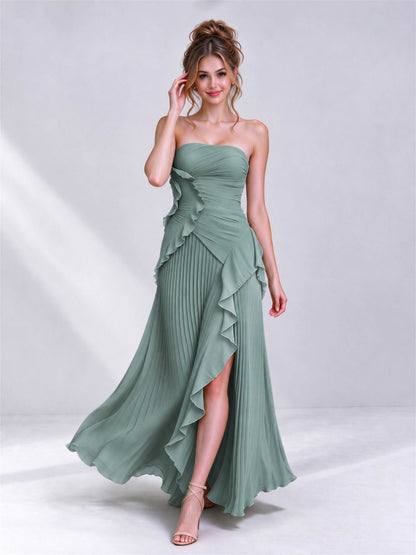 Strapless A-Line Chiffon Ruffle Pleated Sleeveless Wedding Guest Dress with Split Side