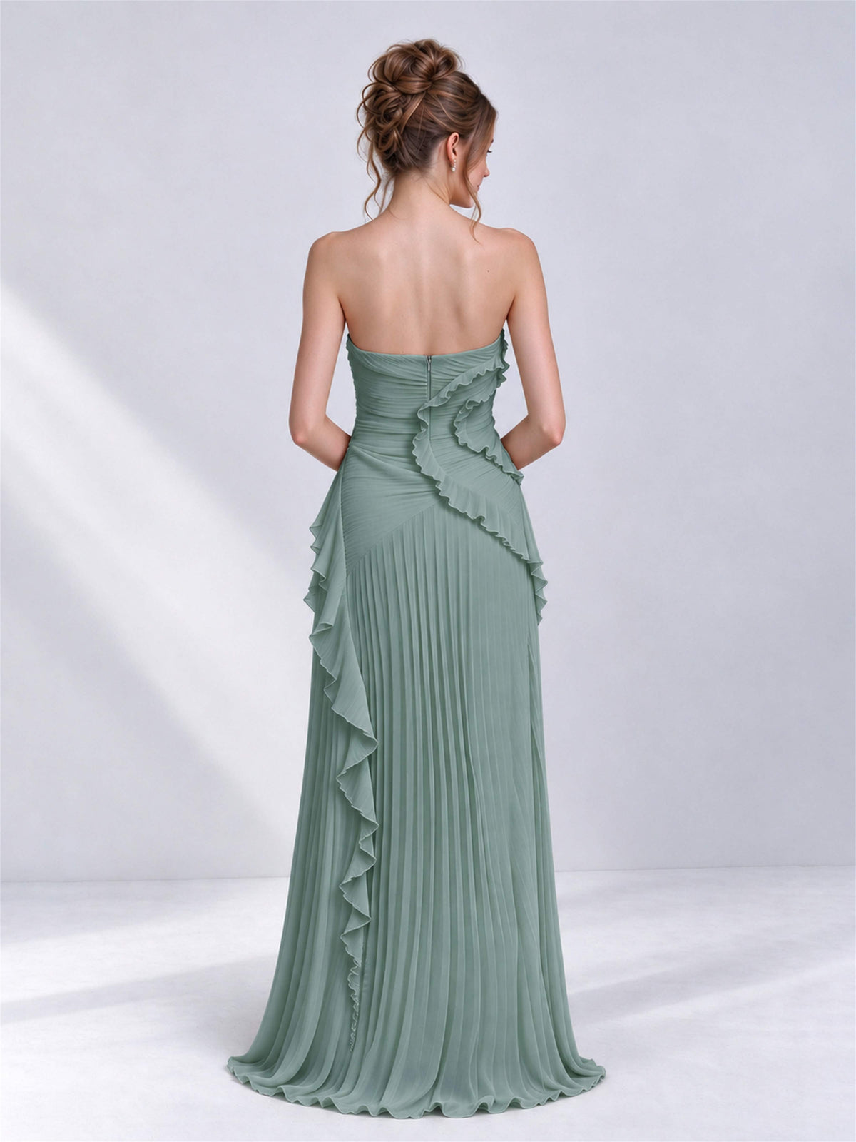 Strapless A-Line Chiffon Ruffle Pleated Sleeveless Wedding Guest Dress with Split Side