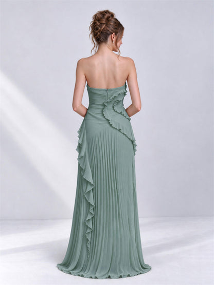 Strapless A-Line Chiffon Ruffle Pleated Sleeveless Wedding Guest Dress with Split Side
