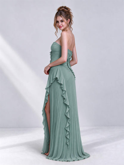 Strapless A-Line Chiffon Ruffle Pleated Sleeveless Wedding Guest Dress with Split Side