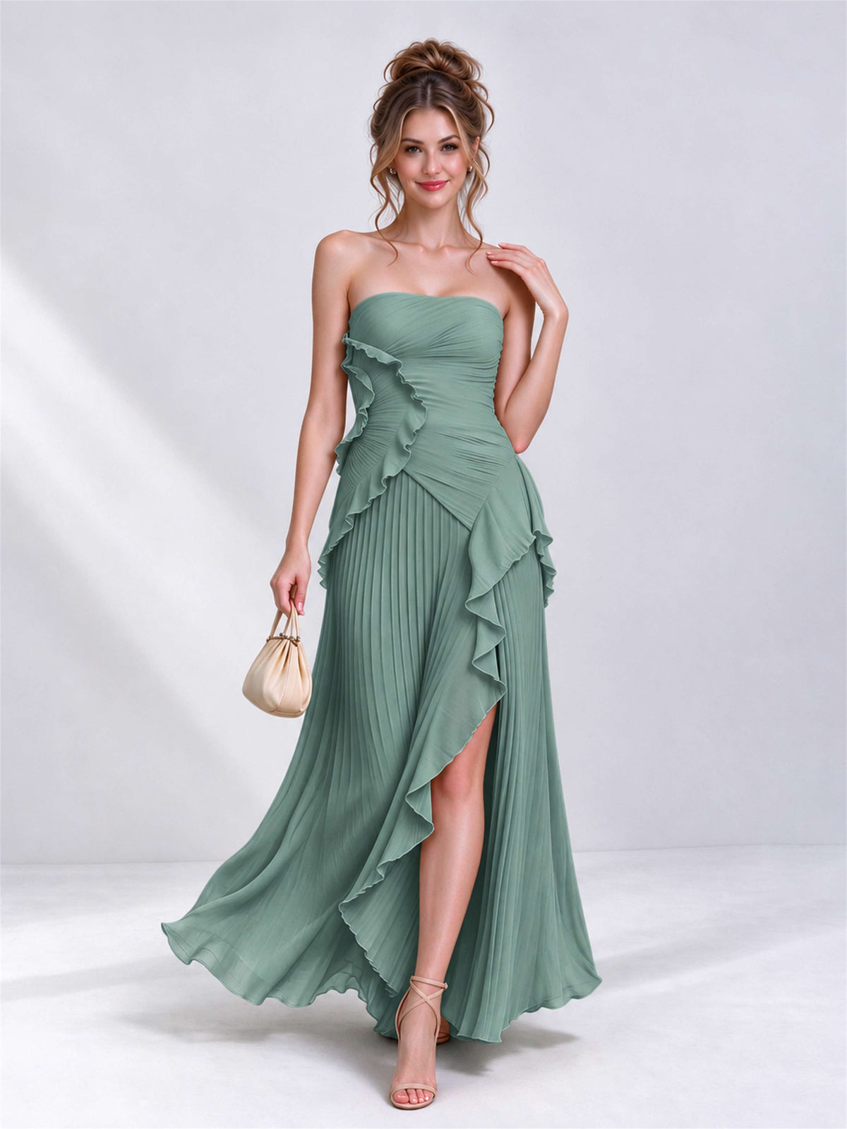 Strapless A-Line Chiffon Ruffle Pleated Sleeveless Wedding Guest Dress with Split Side