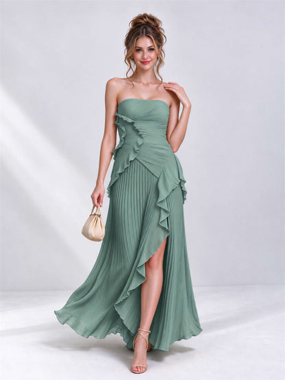 Strapless A-Line Chiffon Ruffle Pleated Sleeveless Wedding Guest Dress with Split Side
