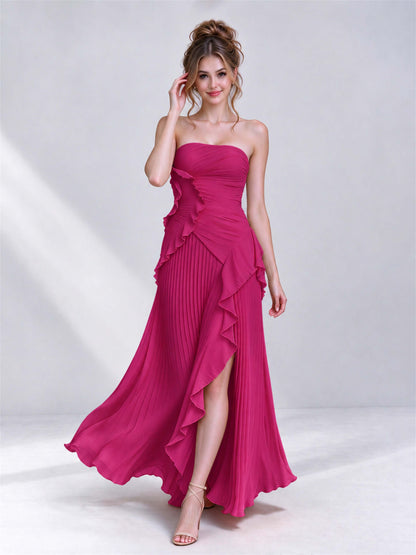 Strapless A-Line Chiffon Ruffle Pleated Sleeveless Wedding Guest Dress with Split Side