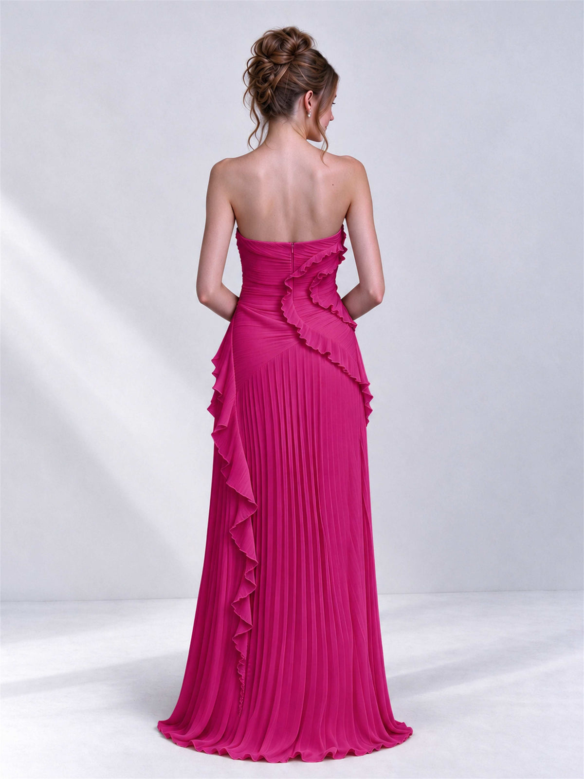 Strapless A-Line Chiffon Ruffle Pleated Sleeveless Wedding Guest Dress with Split Side