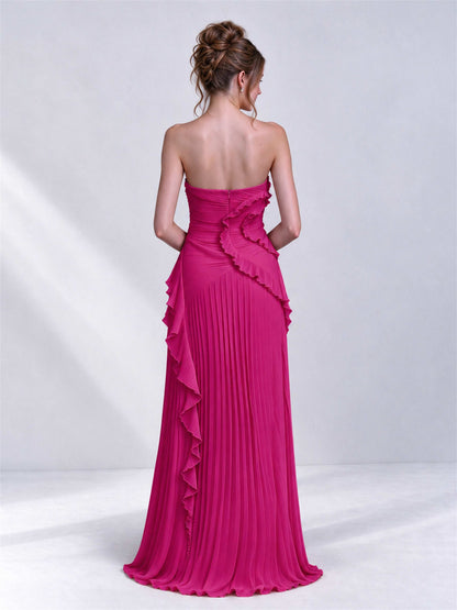 Strapless A-Line Chiffon Ruffle Pleated Sleeveless Wedding Guest Dress with Split Side