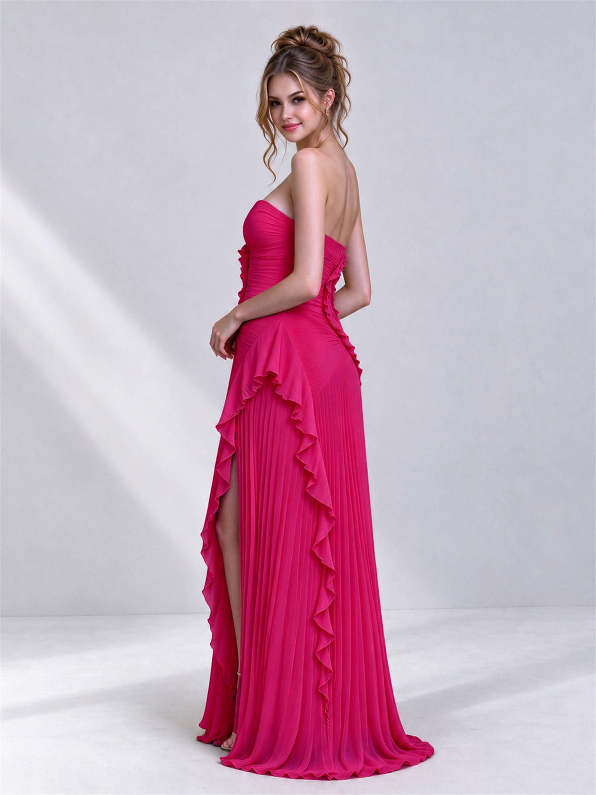 Strapless A-Line Chiffon Ruffle Pleated Sleeveless Wedding Guest Dress with Split Side