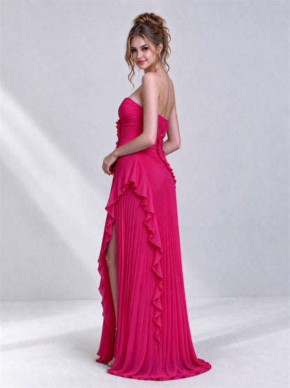 Strapless A-Line Chiffon Ruffle Pleated Sleeveless Wedding Guest Dress with Split Side