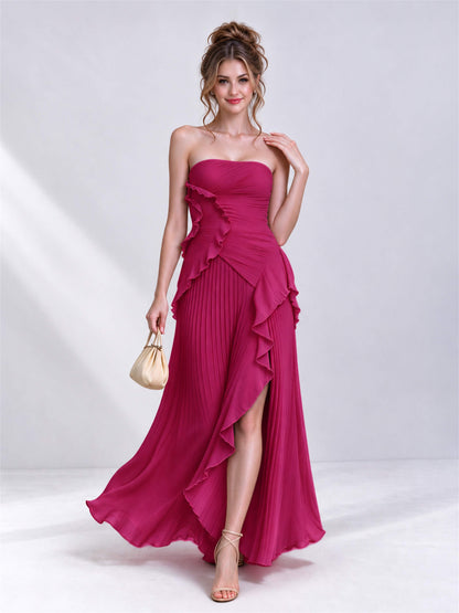 Strapless A-Line Chiffon Ruffle Pleated Sleeveless Wedding Guest Dress with Split Side