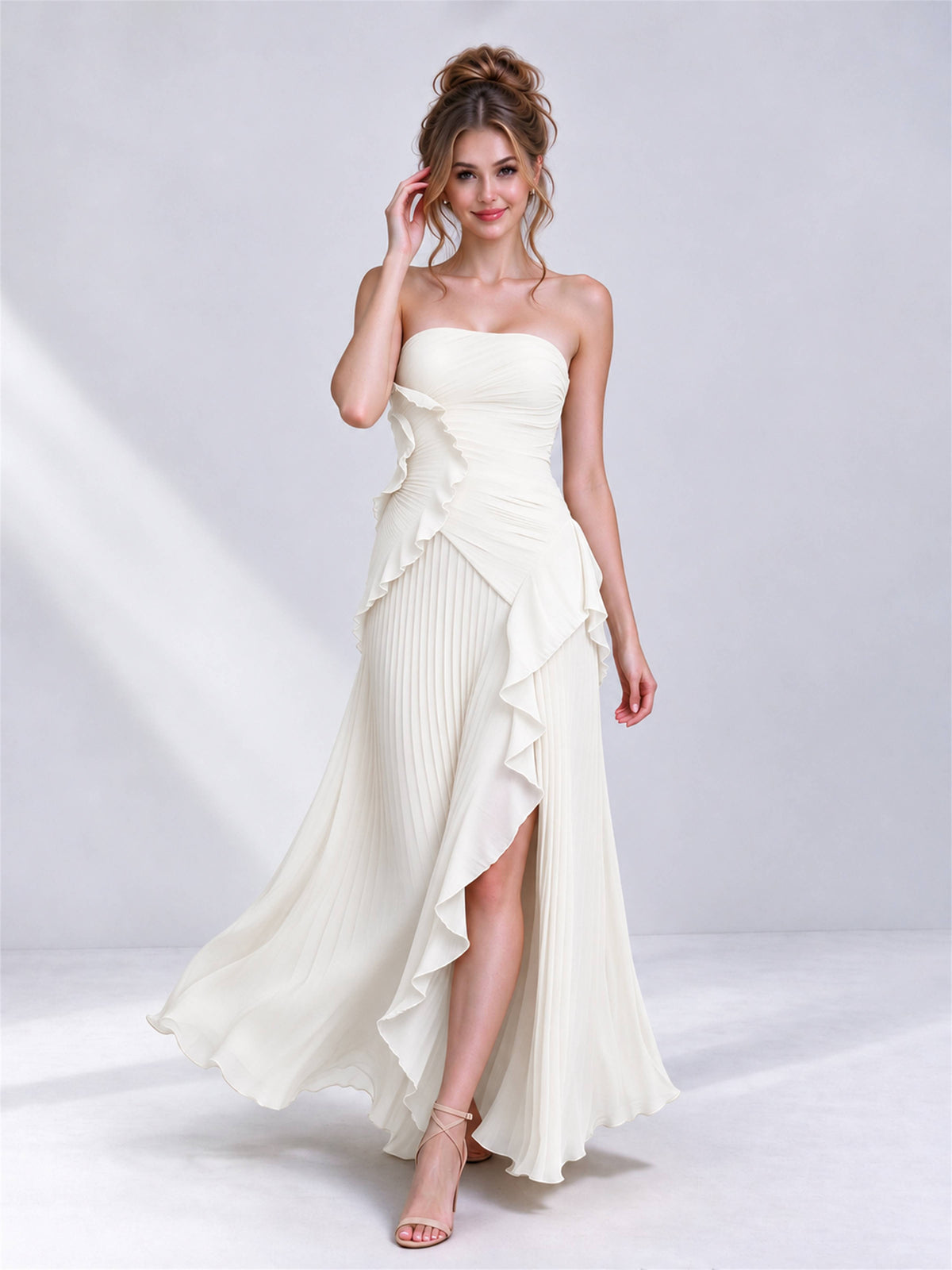Strapless A-Line Chiffon Ruffle Pleated Sleeveless Wedding Guest Dress with Split Side