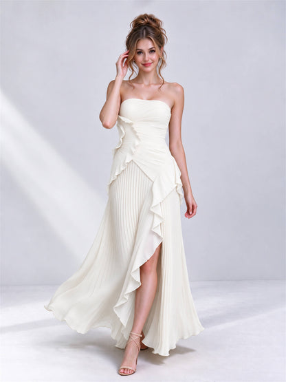 Strapless A-Line Chiffon Ruffle Pleated Sleeveless Wedding Guest Dress with Split Side