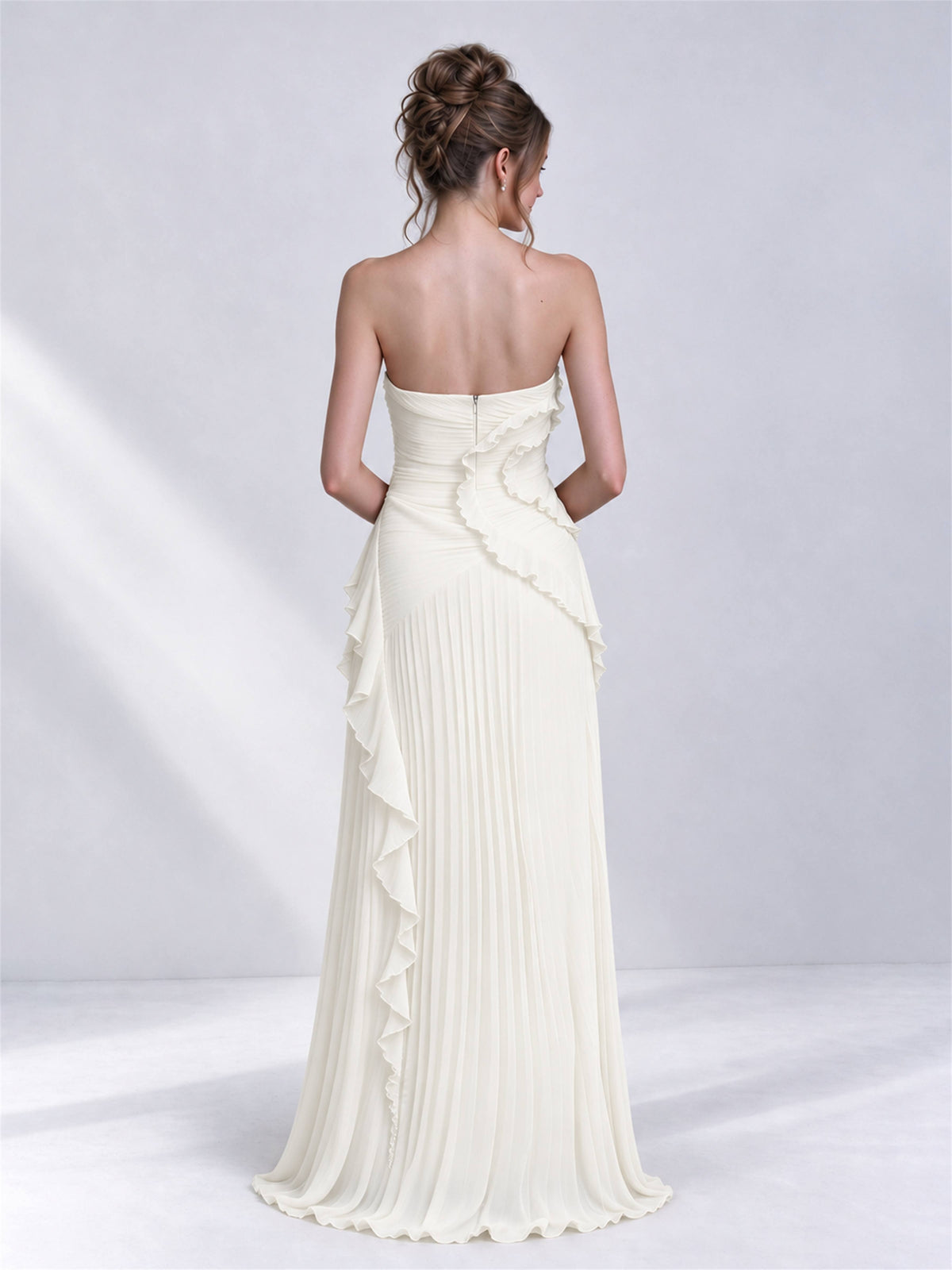 Strapless A-Line Chiffon Ruffle Pleated Sleeveless Wedding Guest Dress with Split Side