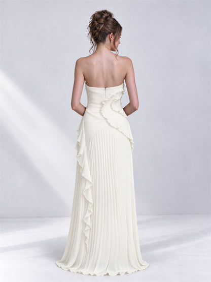 Strapless A-Line Chiffon Ruffle Pleated Sleeveless Wedding Guest Dress with Split Side