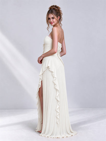 Strapless A-Line Chiffon Ruffle Pleated Sleeveless Wedding Guest Dress with Split Side