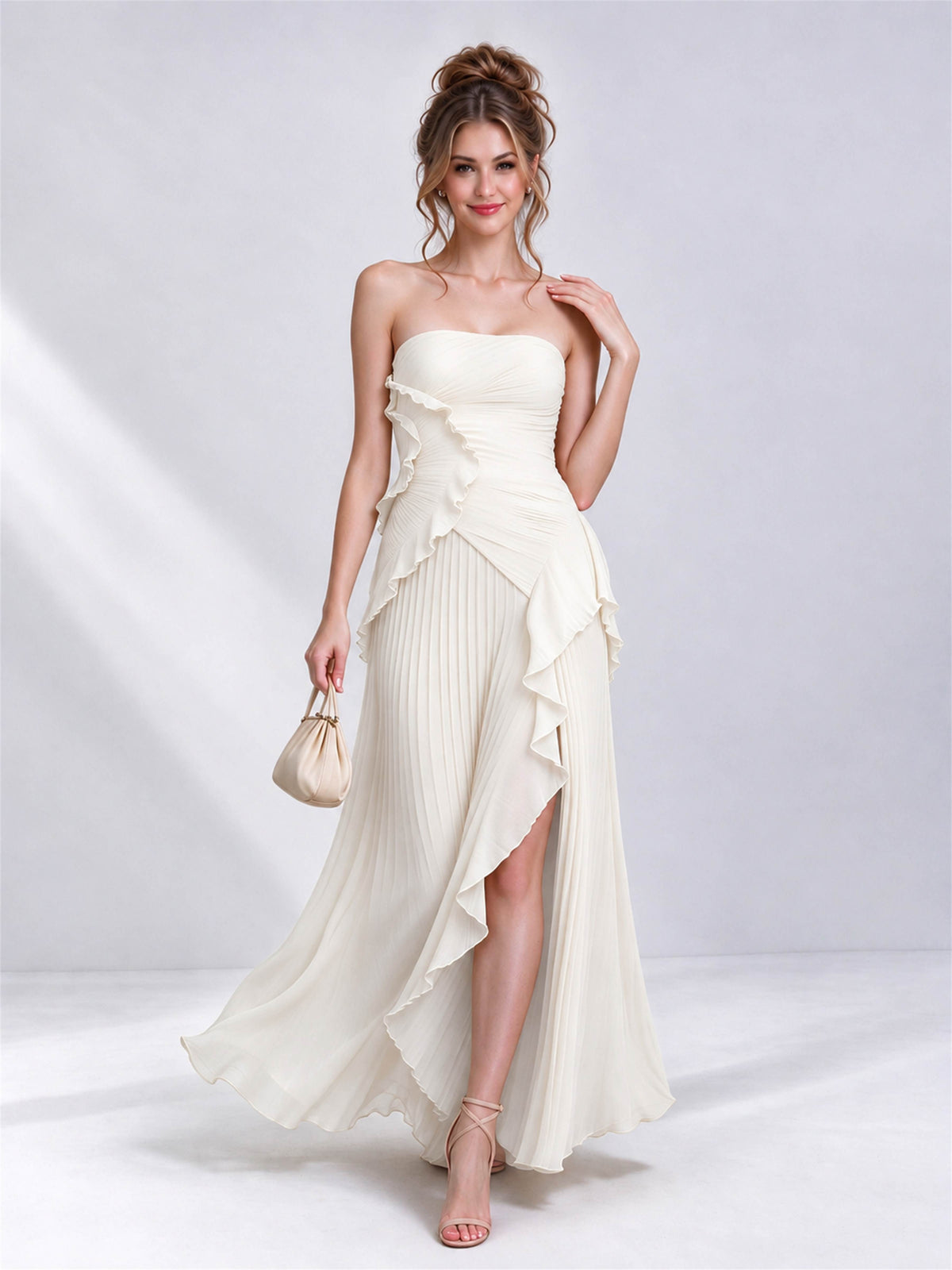 Strapless A-Line Chiffon Ruffle Pleated Sleeveless Wedding Guest Dress with Split Side