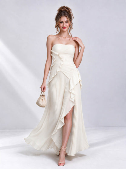 Strapless A-Line Chiffon Ruffle Pleated Sleeveless Wedding Guest Dress with Split Side