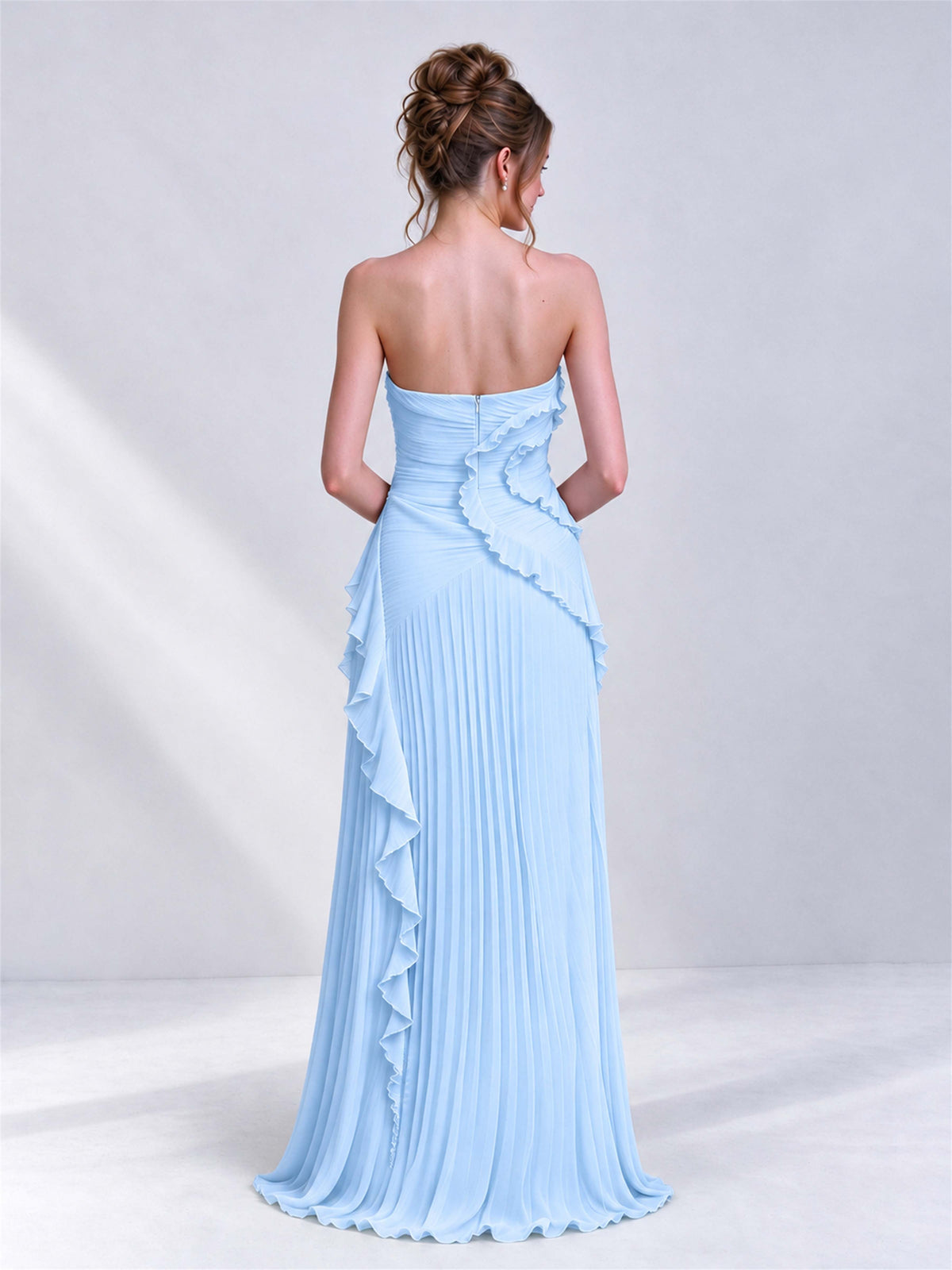 Strapless A-Line Chiffon Ruffle Pleated Sleeveless Wedding Guest Dress with Split Side