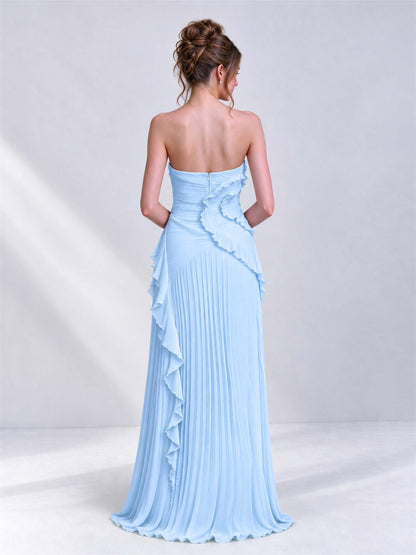 Strapless A-Line Chiffon Ruffle Pleated Sleeveless Wedding Guest Dress with Split Side