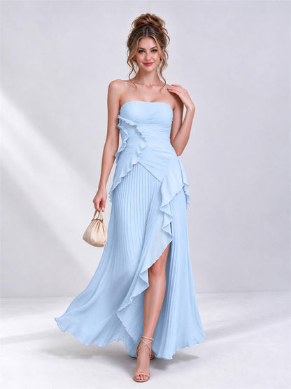 Strapless A-Line Chiffon Ruffle Pleated Sleeveless Wedding Guest Dress with Split Side