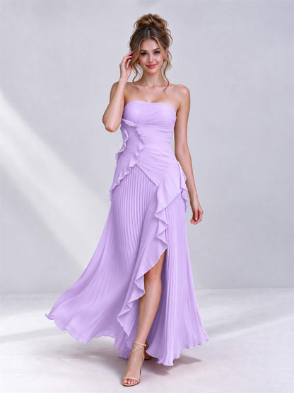Strapless A-Line Chiffon Ruffle Pleated Sleeveless Wedding Guest Dress with Split Side