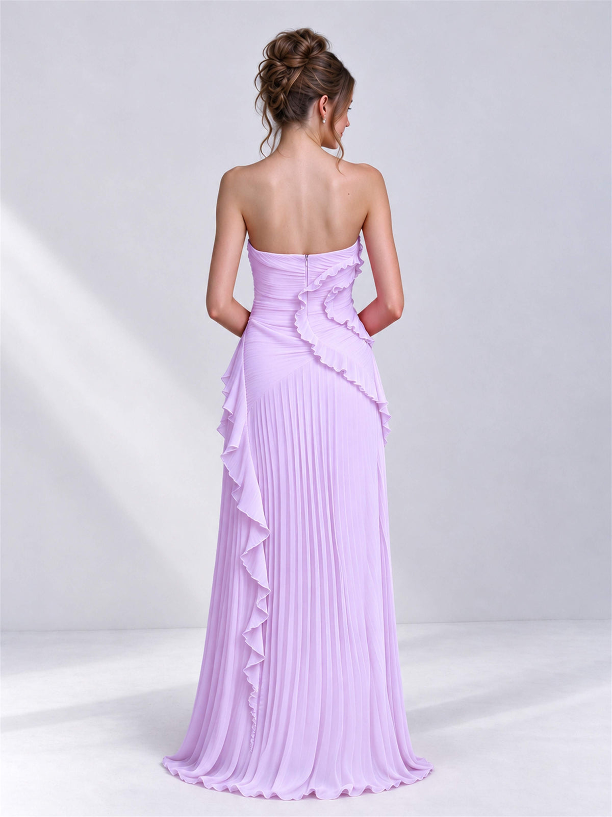 Strapless A-Line Chiffon Ruffle Pleated Sleeveless Wedding Guest Dress with Split Side