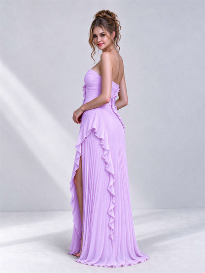 Strapless A-Line Chiffon Ruffle Pleated Sleeveless Wedding Guest Dress with Split Side