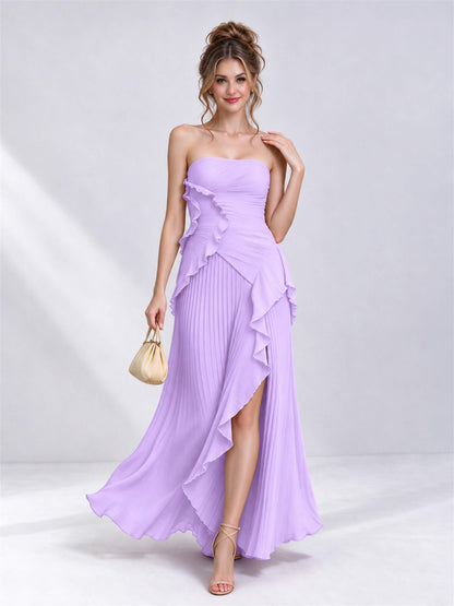 Strapless A-Line Chiffon Ruffle Pleated Sleeveless Wedding Guest Dress with Split Side