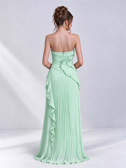 Strapless A-Line Chiffon Ruffle Pleated Sleeveless Wedding Guest Dress with Split Side