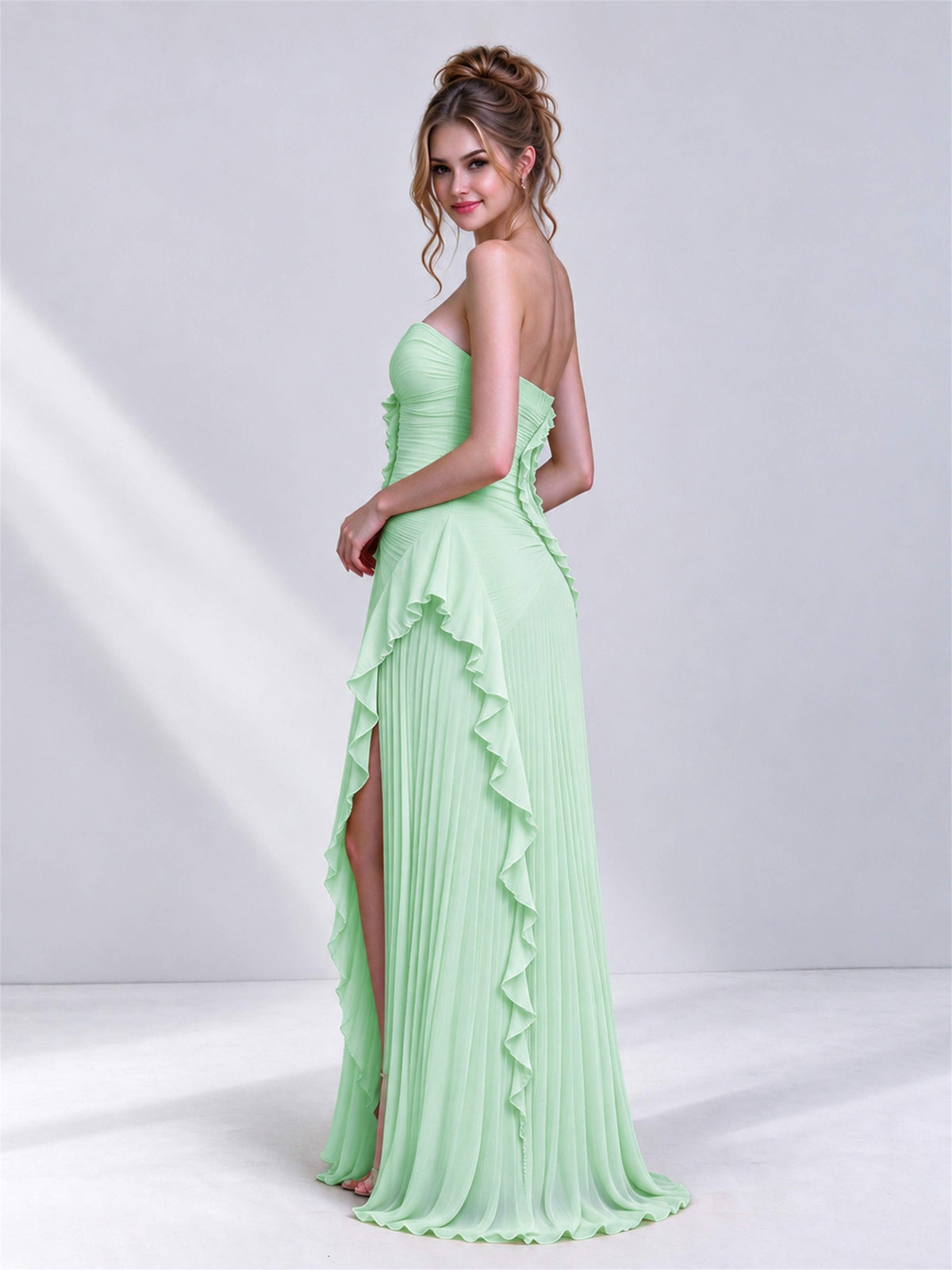 Strapless A-Line Chiffon Ruffle Pleated Sleeveless Wedding Guest Dress with Split Side
