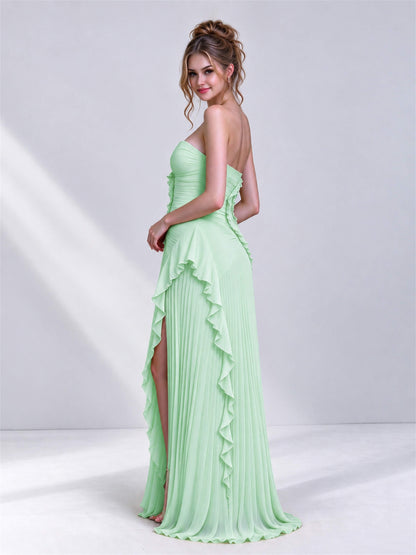 Strapless A-Line Chiffon Ruffle Pleated Sleeveless Wedding Guest Dress with Split Side