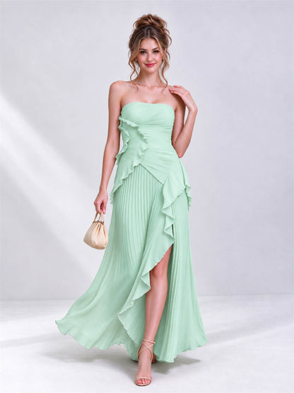 Strapless A-Line Chiffon Ruffle Pleated Sleeveless Wedding Guest Dress with Split Side